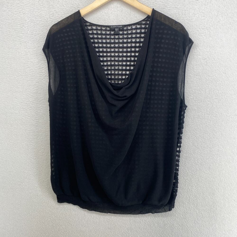 EILEEN FISHER Top L Cotton Sheer Mesh Open Back Draped Neck Cap Sleeve Black